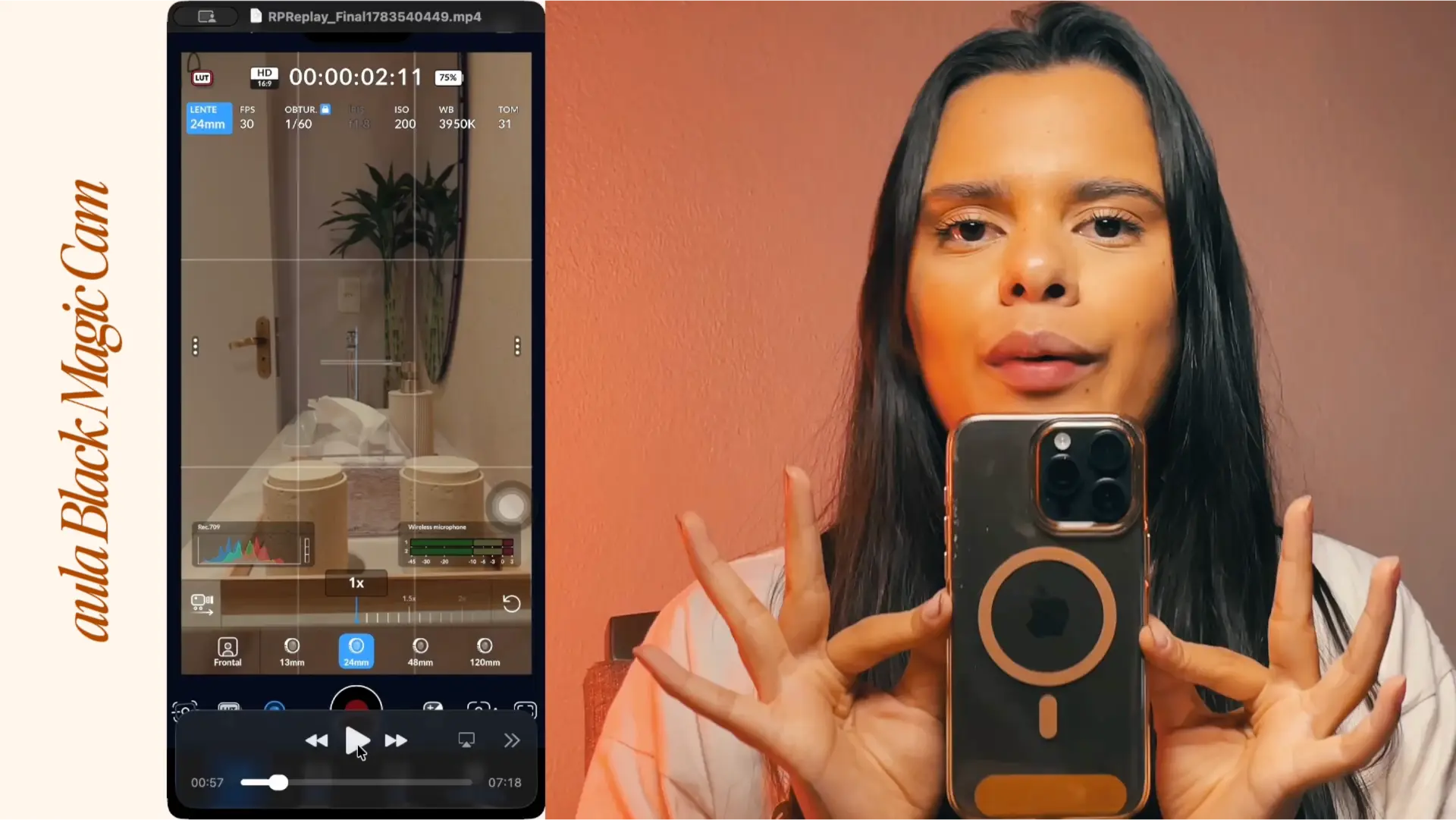 Frame da aula de captação com o aplicativo Blackmagic Cam